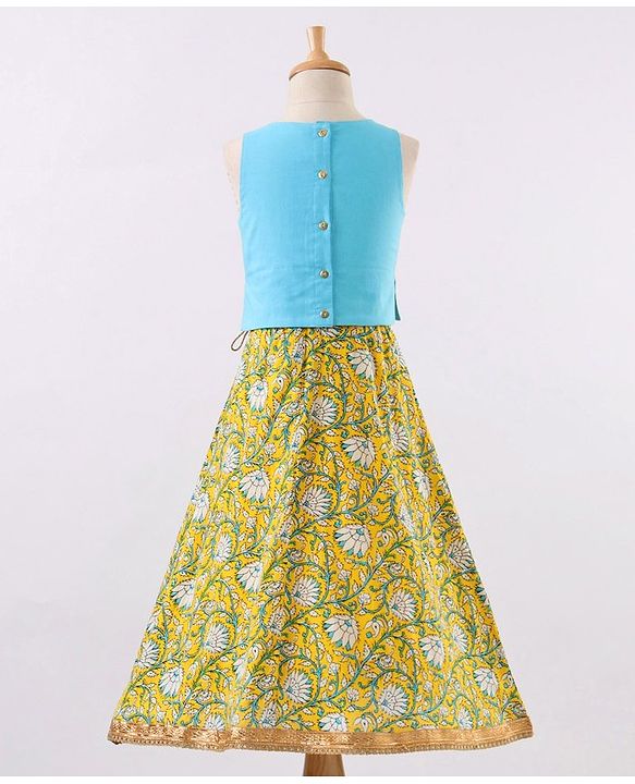 Babyhug Sleeveless Choli & Lehenga With Dupatta Floral Print - Yellow Blue
