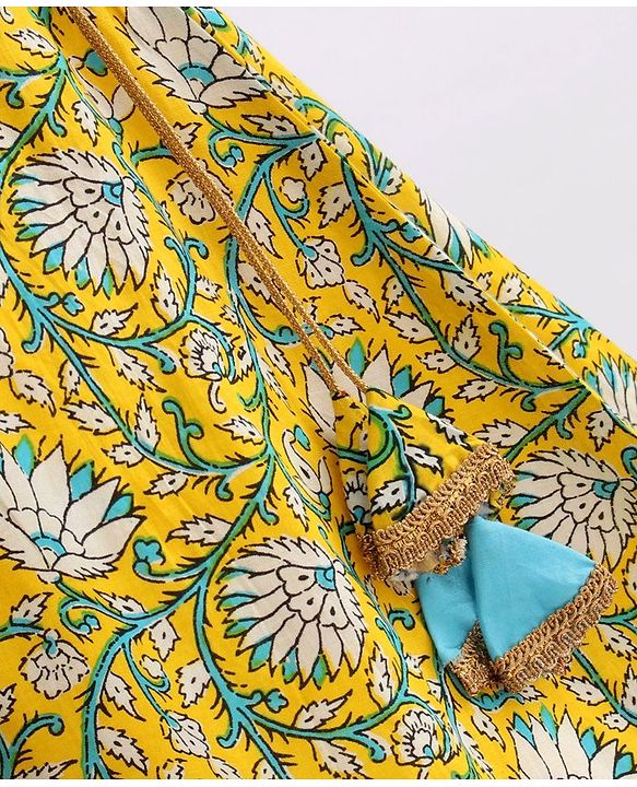 Babyhug Sleeveless Choli & Lehenga With Dupatta Floral Print - Yellow Blue