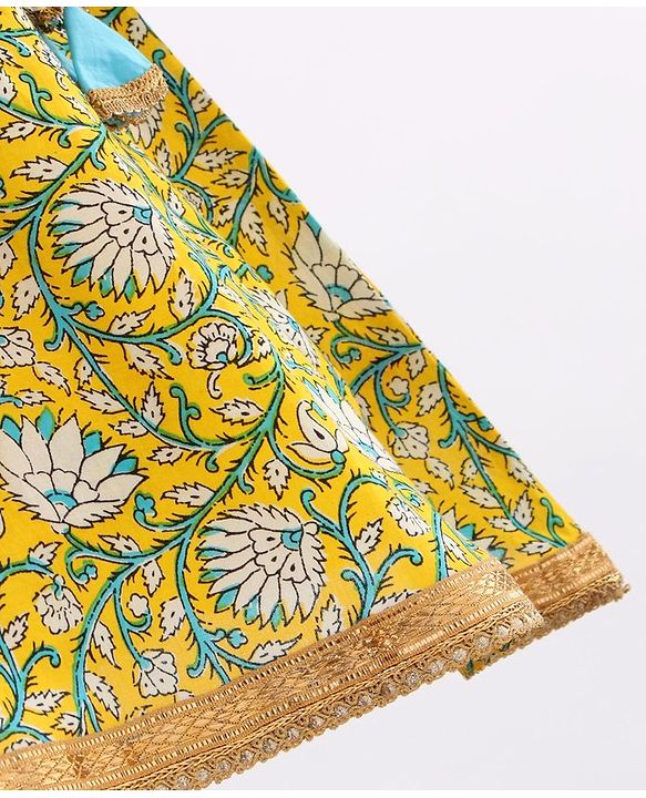 Babyhug Sleeveless Choli & Lehenga With Dupatta Floral Print - Yellow Blue