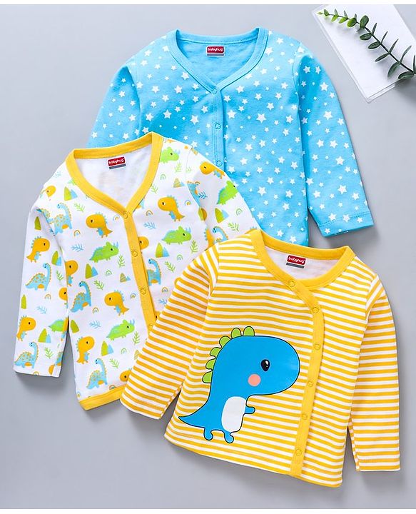 Babyhug 100%Cotton Full Sleeves Vests Dino Print Pack of 3 - Sky Blue White Yellow