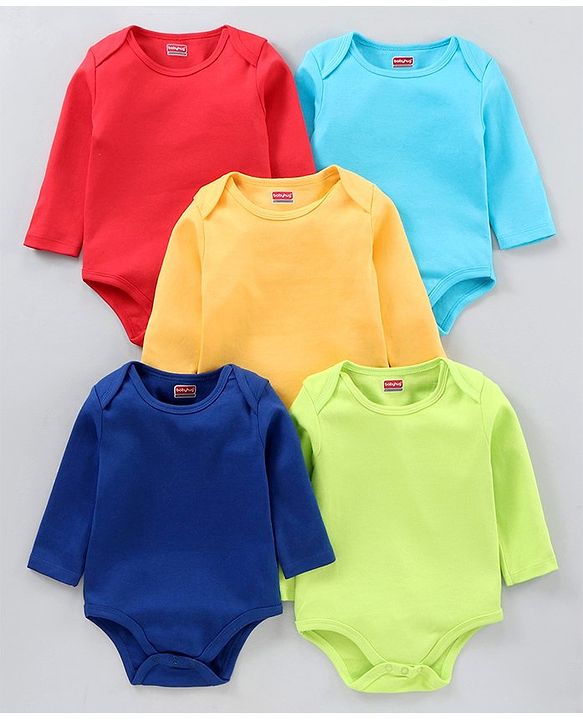 Babyhug 100% Cotton Full Sleeves Solid Onesies Pack of 5 - Multicolor