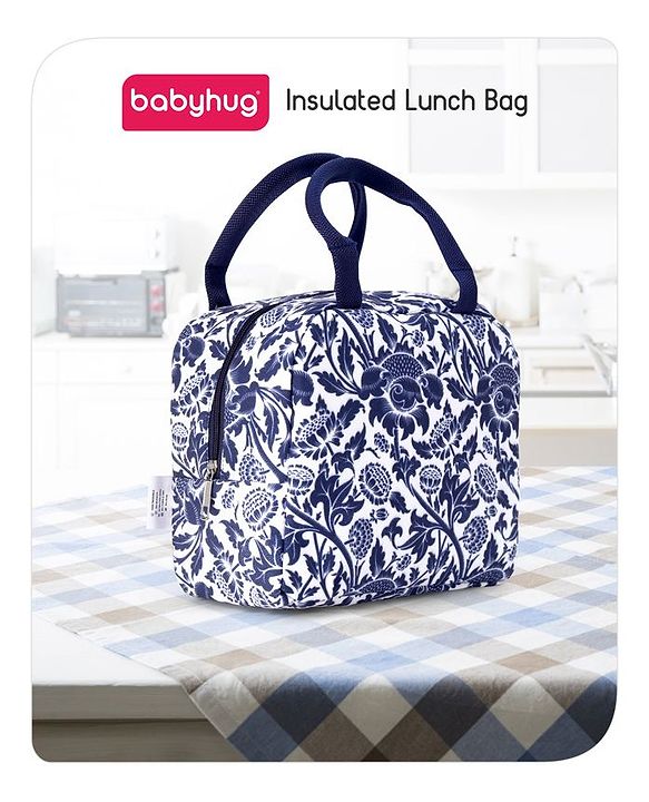 Babyhug Portable and Reusable Insulated Lunch Bag with Floral Print|For School,Travel and Outdoors|Premium & Easy to Carry| - Blue