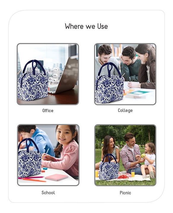 Babyhug Portable and Reusable Insulated Lunch Bag with Floral Print|For School,Travel and Outdoors|Premium & Easy to Carry| - Blue