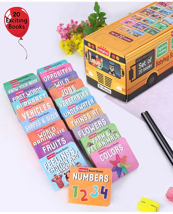 Babyhug School Bus Board Books- Set of 20| Back to Back 22 Pages| Basic Concepts|Early Learning Pocket-Sized Pre-School book|Premium & Handy|Ideal for Gifting