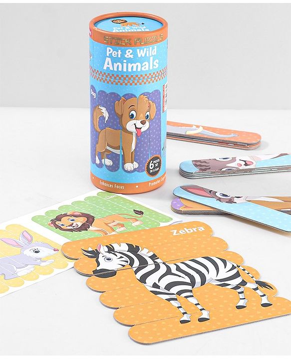 Babyhug Pet and Wild Animals 18 Double Side Stick Wooden Puzzle Set| Montessori Pre-School Educational and Learning Toy For 3-6 Years Kids| 6 Different Design Fun & Interesting Way To Learn Things Stick Puzzle| BIS Certified