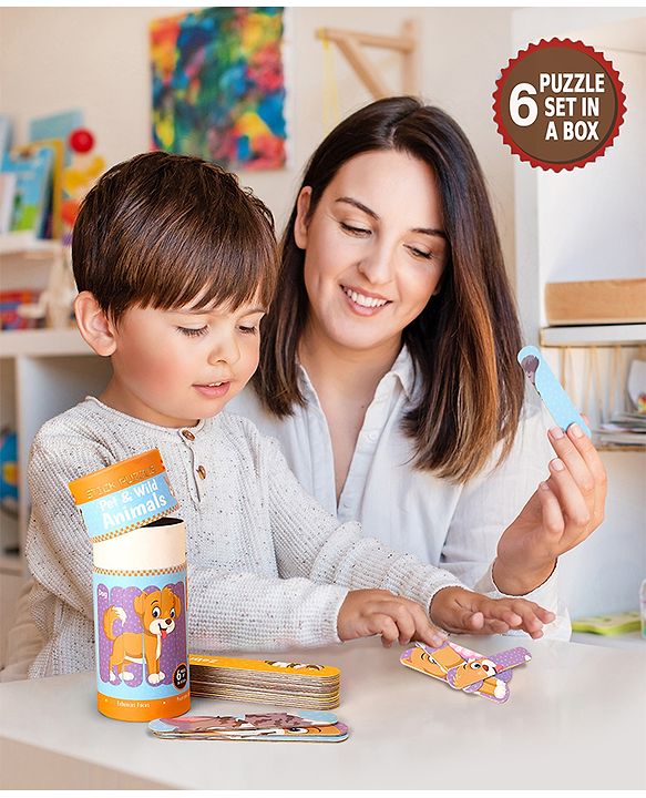 Babyhug Pet and Wild Animals 18 Double Side Stick Wooden Puzzle Set| Montessori Pre-School Educational and Learning Toy For 3-6 Years Kids| 6 Different Design Fun & Interesting Way To Learn Things Stick Puzzle| BIS Certified