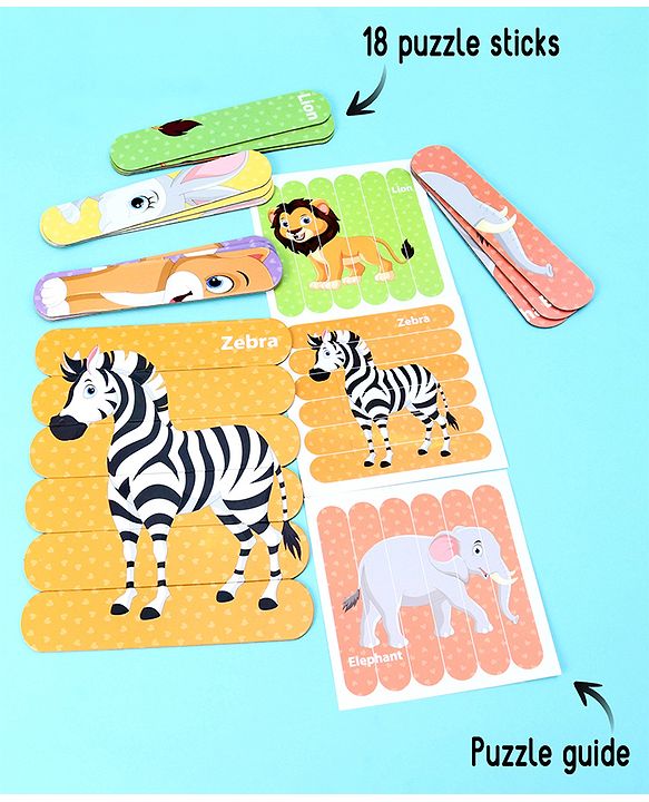 Babyhug Pet and Wild Animals 18 Double Side Stick Wooden Puzzle Set| Montessori Pre-School Educational and Learning Toy For 3-6 Years Kids| 6 Different Design Fun & Interesting Way To Learn Things Stick Puzzle| BIS Certified