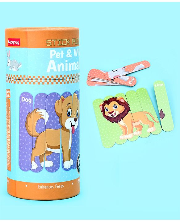 Babyhug Pet and Wild Animals 18 Double Side Stick Wooden Puzzle Set| Montessori Pre-School Educational and Learning Toy For 3-6 Years Kids| 6 Different Design Fun & Interesting Way To Learn Things Stick Puzzle| BIS Certified