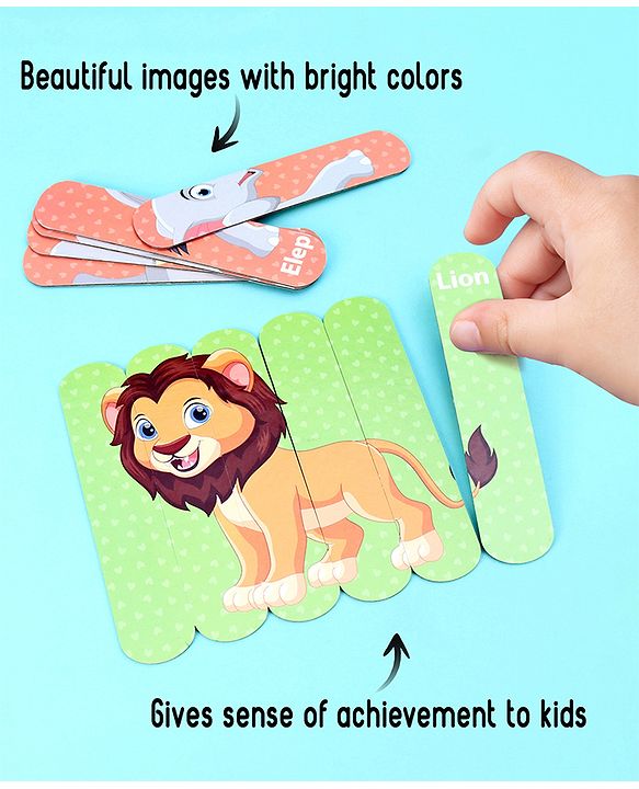 Babyhug Pet and Wild Animals 18 Double Side Stick Wooden Puzzle Set| Montessori Pre-School Educational and Learning Toy For 3-6 Years Kids| 6 Different Design Fun & Interesting Way To Learn Things Stick Puzzle| BIS Certified