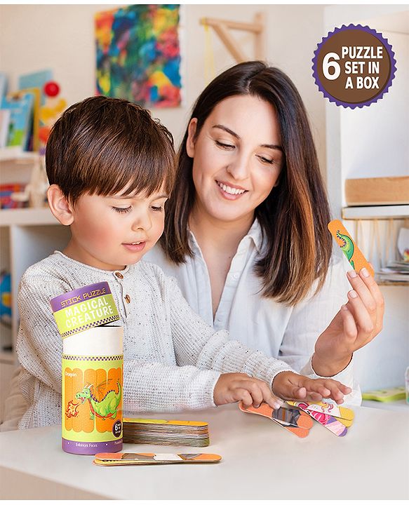 Babyhug Magical Creatures 18 Double Side Stick Wooden Puzzle Set| Montessori Pre-School Educational and Learning Toy For 3-6 Years Kids| 6 Different Design Fun & Interesting Way To Learn Things Stick Puzzle| BIS Certified