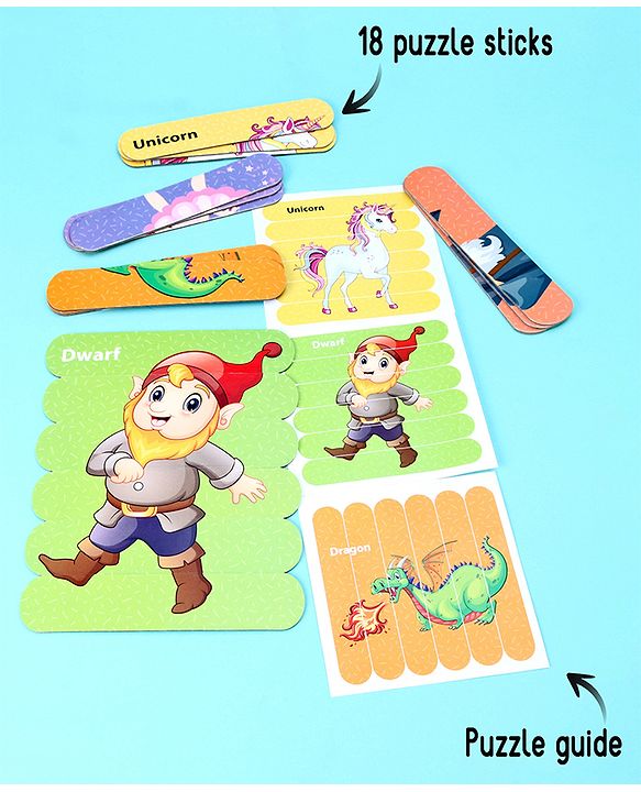 Babyhug Magical Creatures 18 Double Side Stick Wooden Puzzle Set| Montessori Pre-School Educational and Learning Toy For 3-6 Years Kids| 6 Different Design Fun & Interesting Way To Learn Things Stick Puzzle| BIS Certified