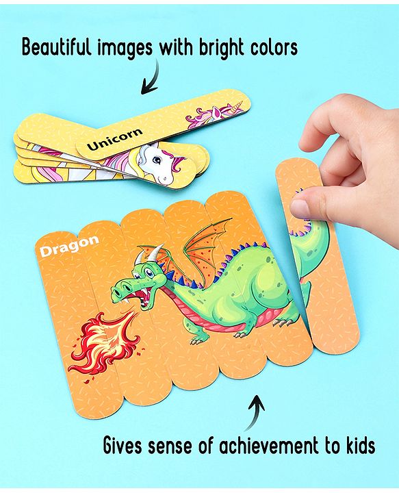Babyhug Magical Creatures 18 Double Side Stick Wooden Puzzle Set| Montessori Pre-School Educational and Learning Toy For 3-6 Years Kids| 6 Different Design Fun & Interesting Way To Learn Things Stick Puzzle| BIS Certified