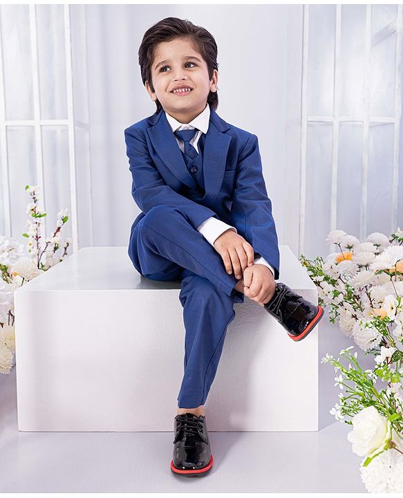 Babyhug Full Sleeves 4 Piece Party Suit with Tie Solid - Navy