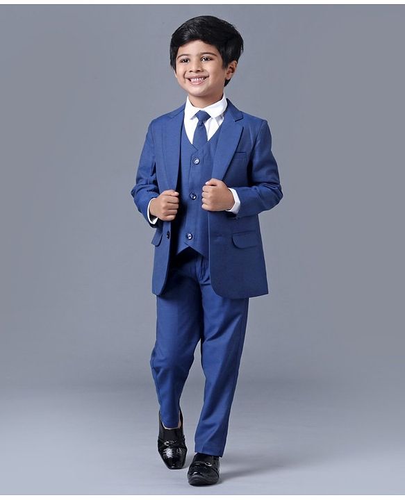 Babyhug Full Sleeves 4 Piece Party Suit with Tie Solid - Navy