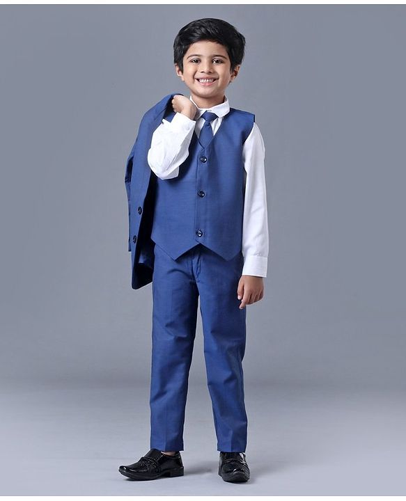 Babyhug Full Sleeves 4 Piece Party Suit with Tie Solid - Navy
