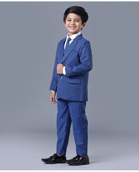 Babyhug Full Sleeves 4 Piece Party Suit with Tie Solid - Navy