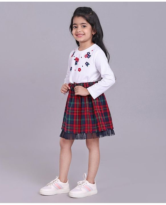 Babyhug Full Sleeves Top & Checkered Skirt Set Floral Embroidered - White Red