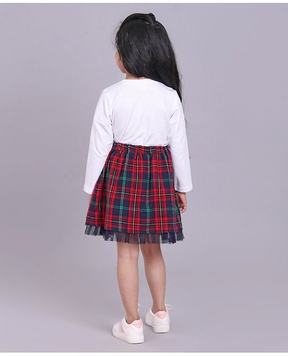 Babyhug Full Sleeves Top & Checkered Skirt Set Floral Embroidered - White Red