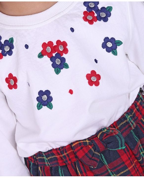 Babyhug Full Sleeves Top & Checkered Skirt Set Floral Embroidered - White Red