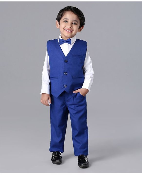 Babyhug Full Sleeves Party Suit with Bow Solid - White Blue