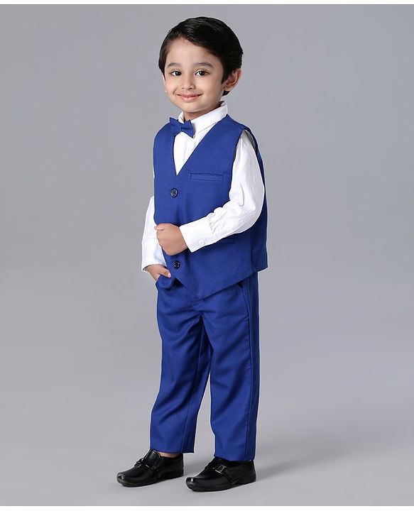 Babyhug Full Sleeves Party Suit with Bow Solid - White Blue