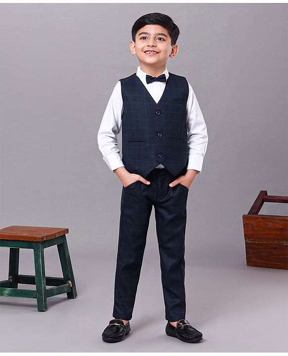 Babyhug Full Sleeves 3 Pieces Party Suit With Bow - Blue