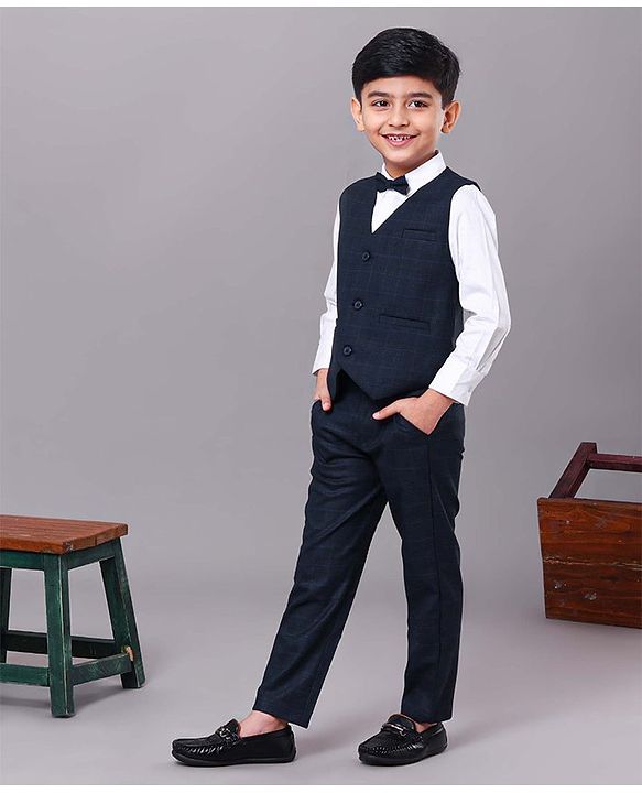 Babyhug Full Sleeves 3 Pieces Party Suit With Bow - Blue