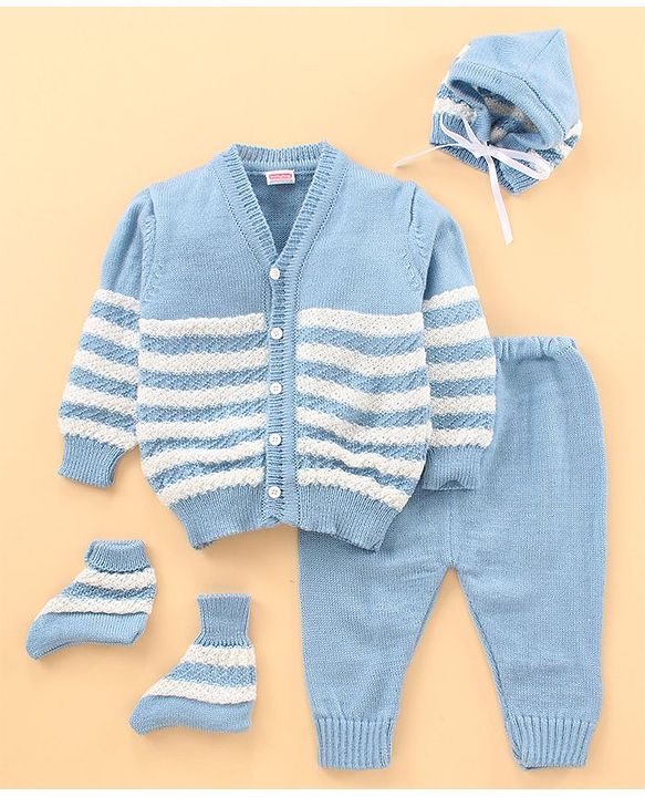 Babyhug Full Sleeves Sweater Set with Cap and Booties - Blue