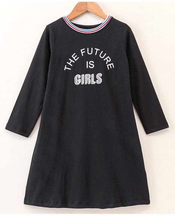 Pine Kids Full Sleeves Frock Text Graphic - Black