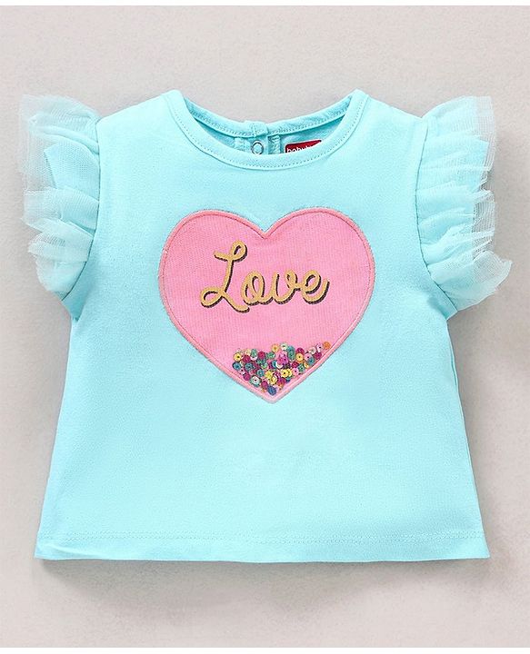 Babyhug Half Sleeves Tee With Heart Applique Sequins and Mesh Frill Detailing - Blue