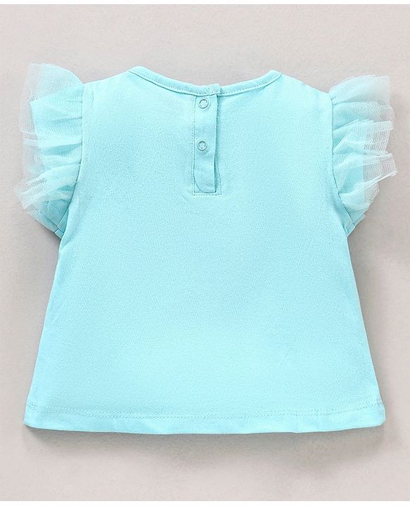 Babyhug Half Sleeves Tee With Heart Applique Sequins and Mesh Frill Detailing - Blue