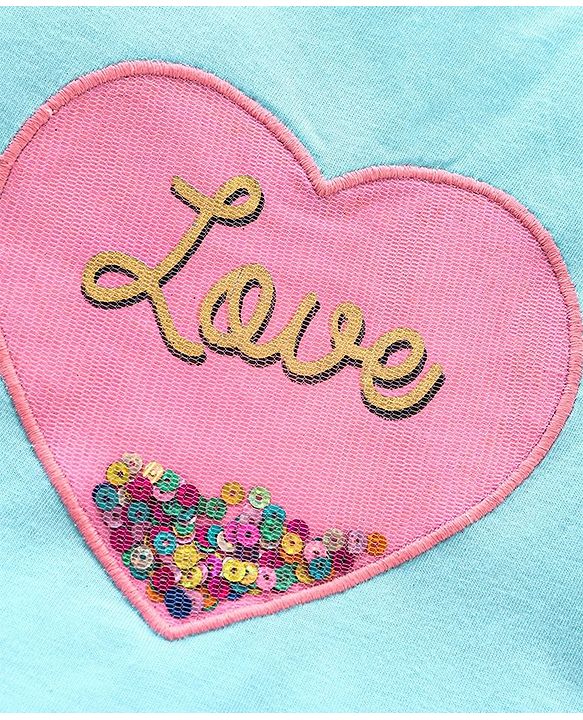 Babyhug Half Sleeves Tee With Heart Applique Sequins and Mesh Frill Detailing - Blue