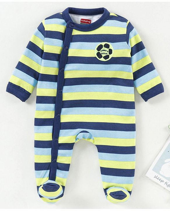 Babyhug Full Sleeves Sleep Suit Striped - Blue