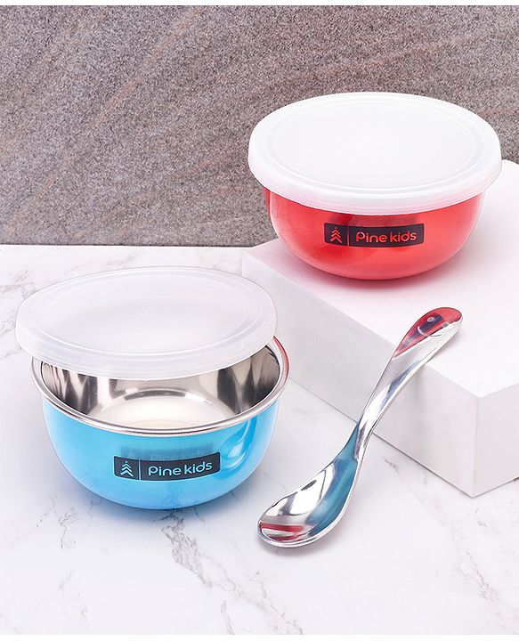 Pine Kids Non Spill Bowls with Spoon Pack of 2 - Blue Pink