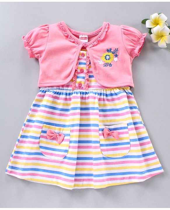 Babyhug Stripe Frock With Puff Sleeves Shrug Flower Embroidery - Pink Multicolour