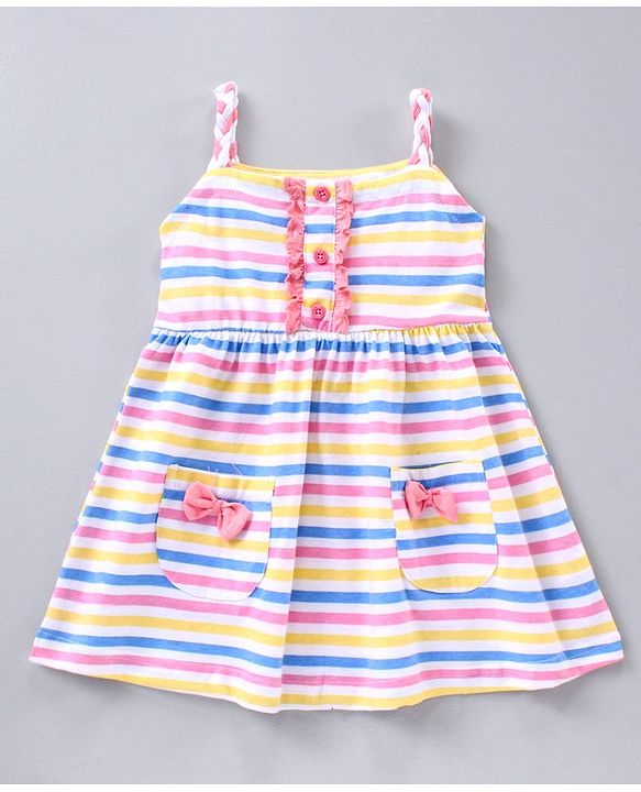 Babyhug Stripe Frock With Puff Sleeves Shrug Flower Embroidery - Pink Multicolour