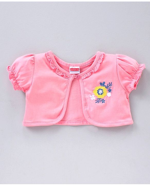 Babyhug Stripe Frock With Puff Sleeves Shrug Flower Embroidery - Pink Multicolour