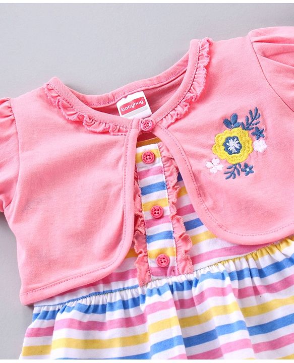 Babyhug Stripe Frock With Puff Sleeves Shrug Flower Embroidery - Pink Multicolour