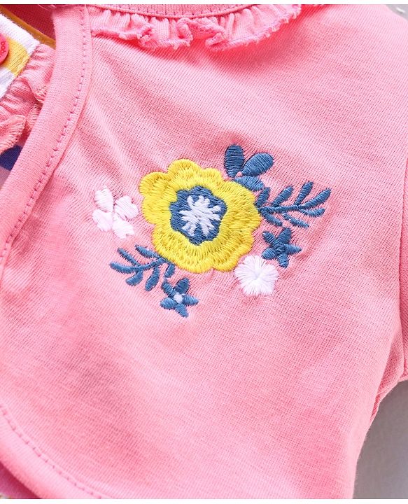 Babyhug Stripe Frock With Puff Sleeves Shrug Flower Embroidery - Pink Multicolour