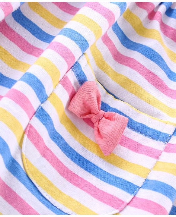 Babyhug Stripe Frock With Puff Sleeves Shrug Flower Embroidery - Pink Multicolour