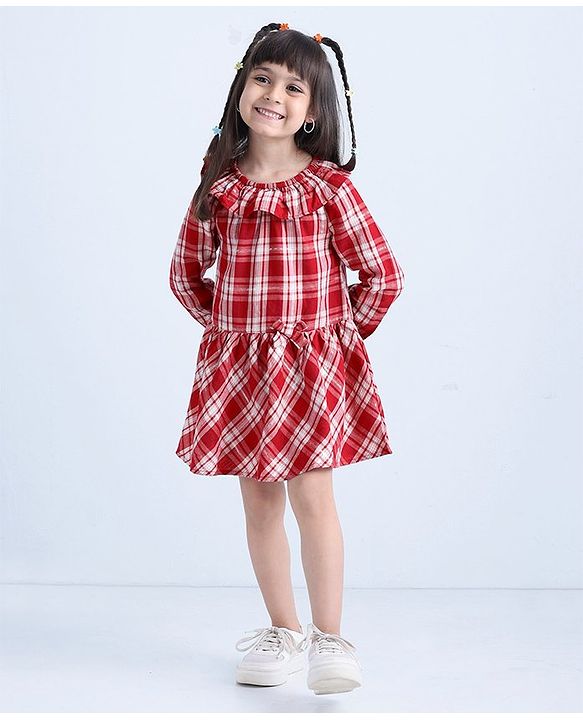 Babyhug Full Sleeves Frilled Lurex Checked Frock - Red