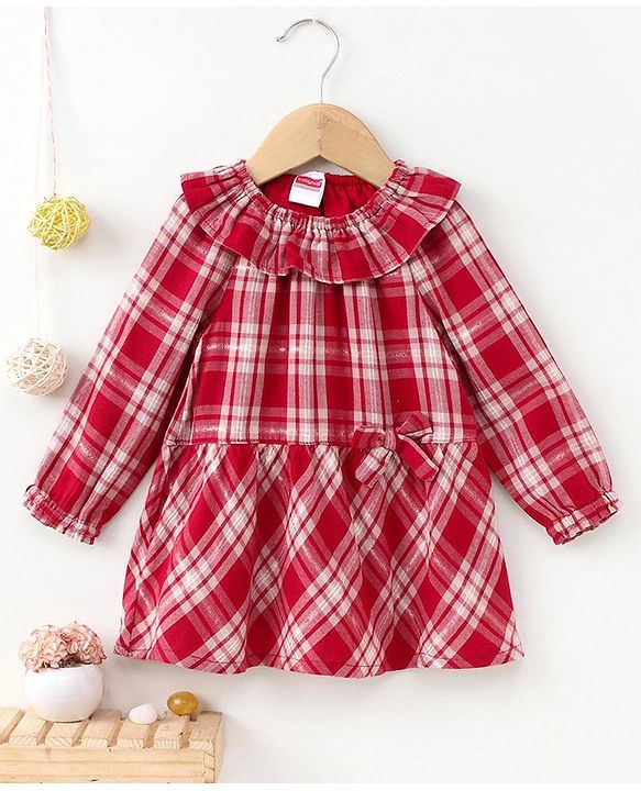Babyhug Full Sleeves Frilled Lurex Checked Frock - Red