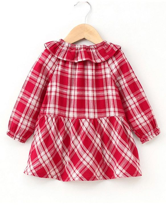 Babyhug Full Sleeves Frilled Lurex Checked Frock - Red
