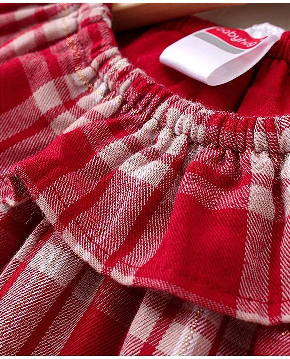 Babyhug Full Sleeves Frilled Lurex Checked Frock - Red