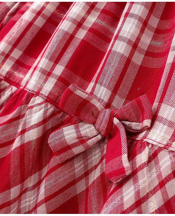 Babyhug Full Sleeves Frilled Lurex Checked Frock - Red