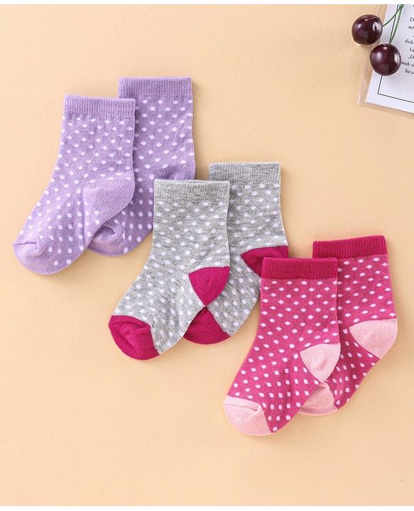 Cute Walk by Babyhug Ankle Length Antibacterial Socks Polka Dot Design Pack of 3 - Pink Purple Grey