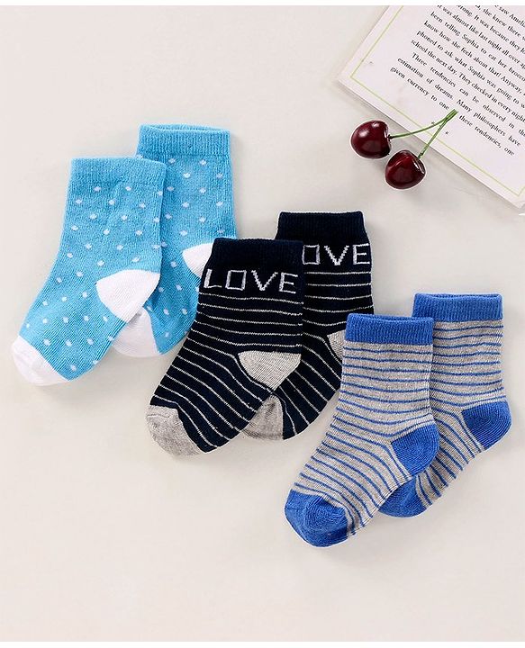 Cute Walk by Babyhug Anti Bacterial Ankle Length Terry Socks Pack of 3 - Light & Navy Blue Grey