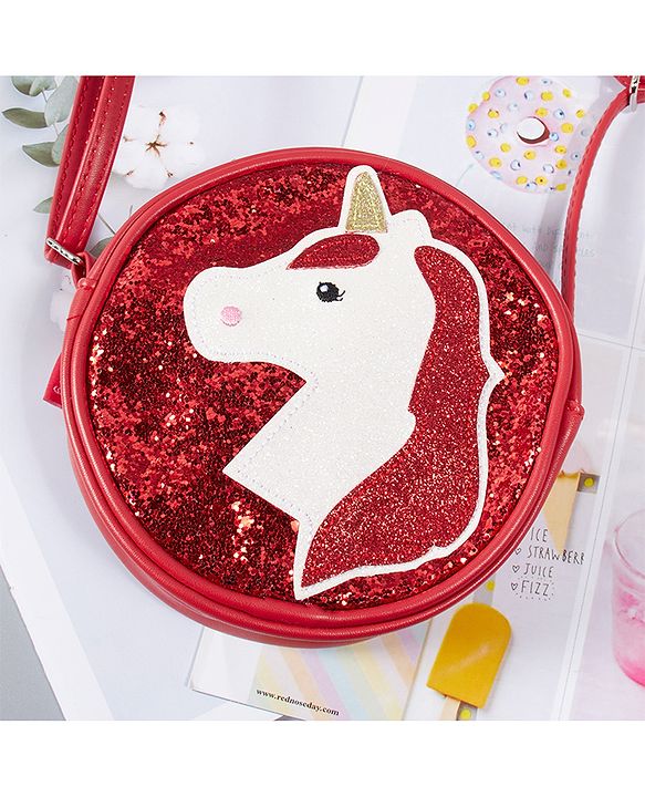 Babyhug Unicorn Shimmered Sling Bag - Red