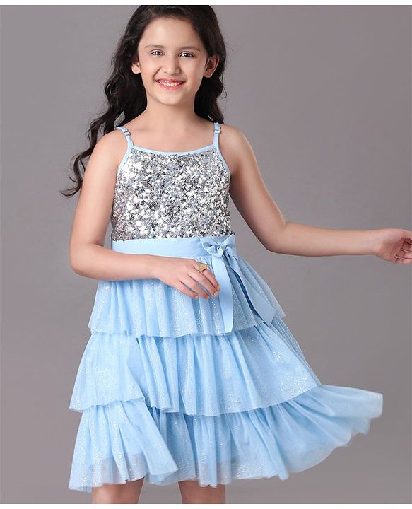 Pine Kids Singlet Tiered Party Dress with Sequin & Foil Print Detailing - Sky Blue