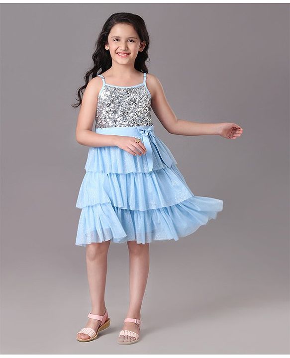 Pine Kids Singlet Tiered Party Dress with Sequin & Foil Print Detailing - Sky Blue
